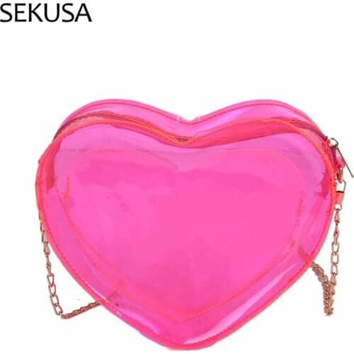 Pink Color Heart Shaped Women Evening Bags PVC Clear Causal Day Clutch Shoulder Zipper Handbags Messenger