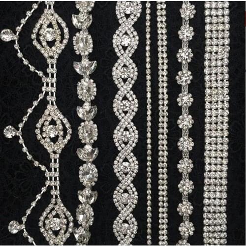 10cm Per lot Rhinestone Silver Trim Sew On Bridal Costume Pendent Flower Crystal Chain Trim Wedding Dress Supplies Hot Selling