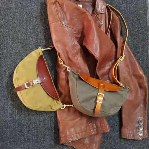 Retro One-shoulder Messenger Bag Vegetable Tanned Leather Oil Wax Canvas Copper Hardware Casual Mens and Womens Pockets