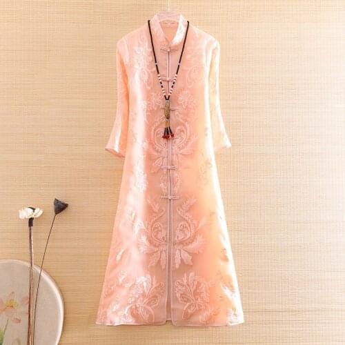 High-end Elegant Lady Organza Outerwear Autumn Chinese Style Indie Folk Embroidery Retro Women Vintage Trench Coat Female S-XXL