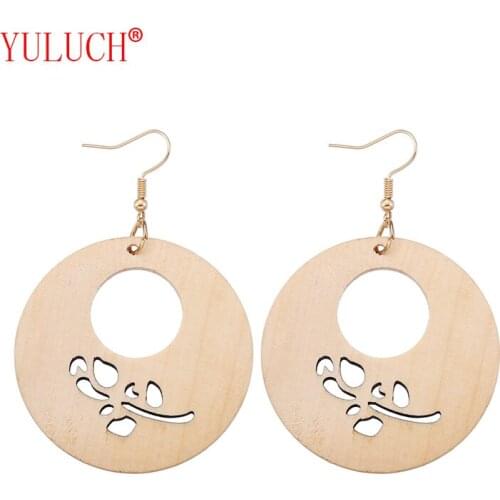 YULUCH National Style Pop Jewelry Natural Wooden Creative Round Flower Pendant for Fashion Women Earrings Accessories Gifts