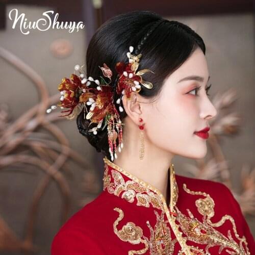 NiuShuya Traditional Chinese Red Flower Bridal Hairpins Green Leaf Pearl Beaded Wedding Bridal Jewelry Hair Accessories