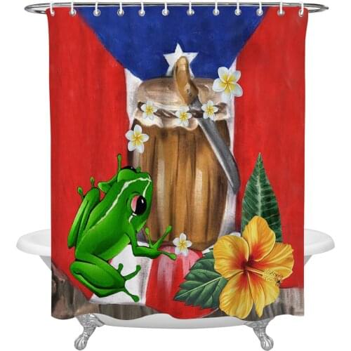 Puerto Rico Flag Frog Hibiscus Shower Curtain Waterproof Polyester Fabric Bathroom Curtain Home Bath Curtain with Hook