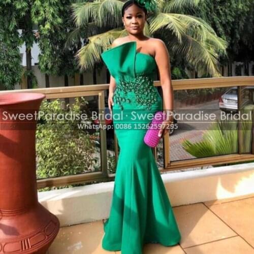 Green Satin Evening Dresses With Beads Appliques Mermaid Long Strapless Women Formal Evening Dress Celebrity Gown