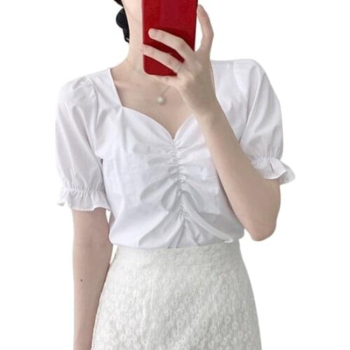 Retro French Style Blouses Summer Short Sleeve Solid Color Square Collar Women Shirt Tops