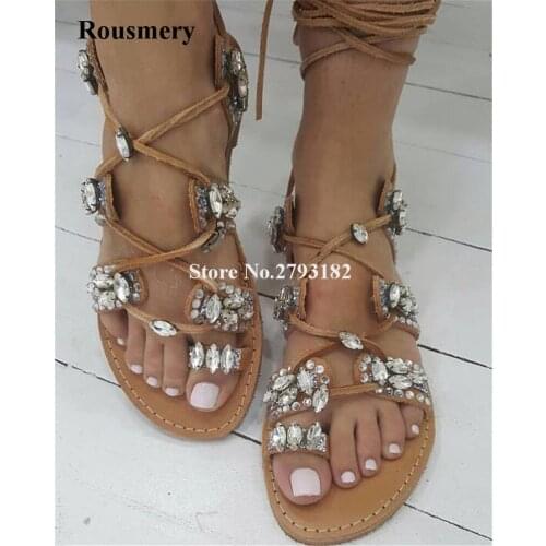 Women Brown Suede Leather Rhinestone Lace-up Gladiator Flat Sandals Click Toe Strap Cross Flat Sandals Bohemia Shoes