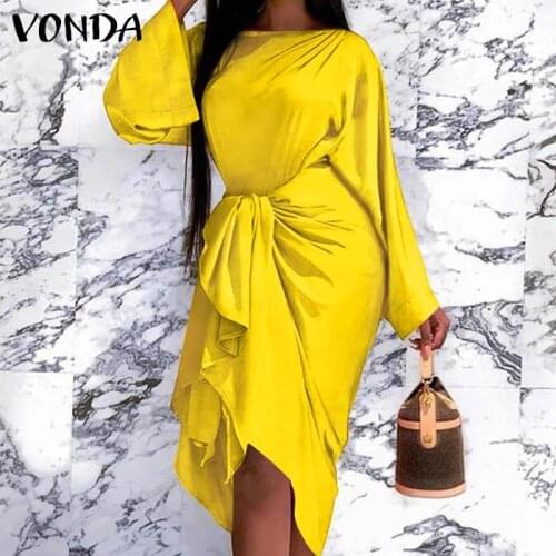 Long Sleeve Office Ladies Dress 2021 VONDA Women Sundress Casual Belted Sexy Package Hip Dress Clubwear Vestidos Oversized Robe