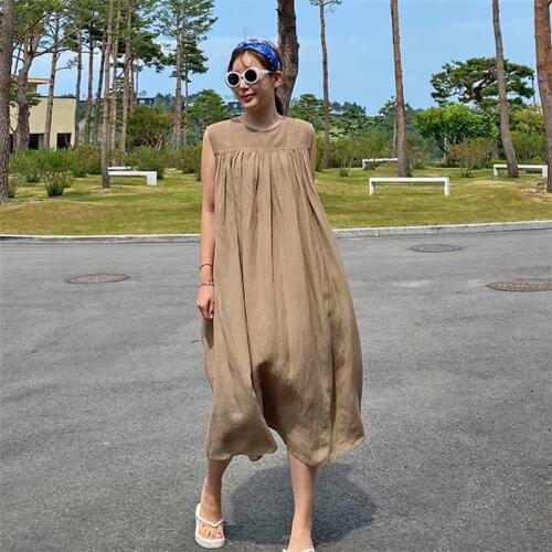 Johnature New Korean Sleeveless Women Dress 2021 Summer Casual Loose O-neck Solid Color Female Dresses