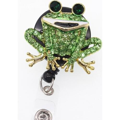 100pcs/Green Frog Rhinestone retractable ID badge holder reel