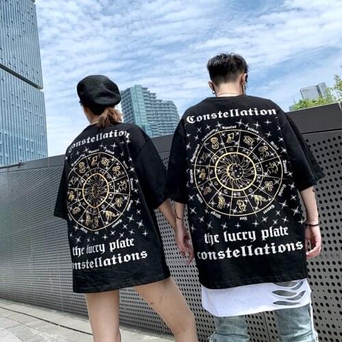 2019 New 12 Zodiac Round Neck Short Sleeve T-Shirt Mens Casual Oversized Cotton Hip Hop Skateboard Street Dance Tees Women