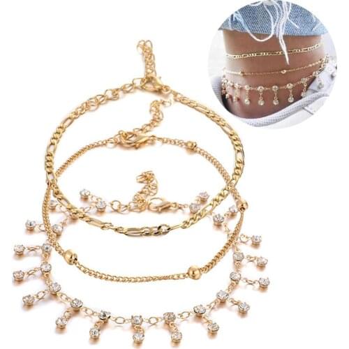 3Pcs/Set Women Rhinestone Tassel Pendant Anklet Foot Chain Bracelet Jewelry Gift