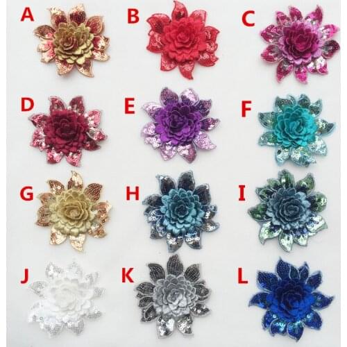 3D Flower Sequins Lace Applique Charming Gold/Champagne/Silver Color Embroidered Fabric Trim DIY Sewing Craft 5 Pieces 8*7.5cm
