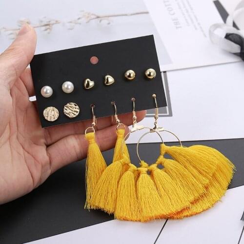6Pairs/Set Bohemian Fashion Yellow Long Tassel Statement Earrings For Women Small Heart Shape Alloy Pearl Stud Earring