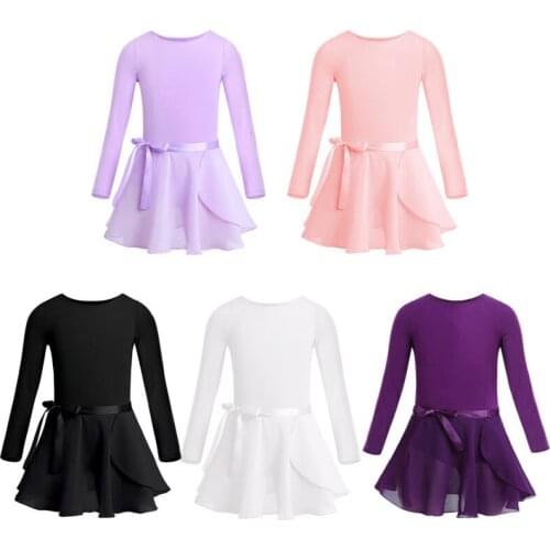 Kids Teens Gymnastics Leotard with Chiffon Skirt Set Girls Professional Ballet Tutu Dress Stage Performance Sports Dance Wear