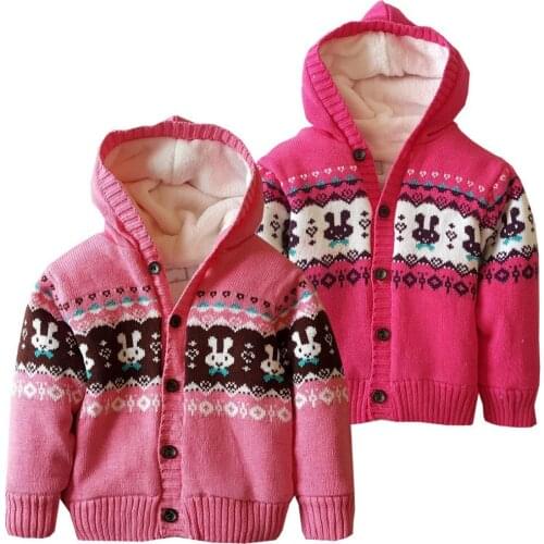 Childrens Hooded Rabbit Thick Sweater Cotton Pink Breasted Sweater 6M to 4T Autumn Winter Baby Girl Childrens Clothing