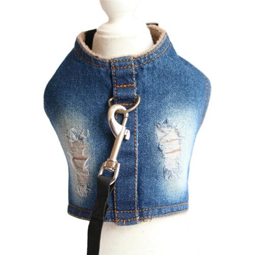 2021 Fleece Lining Dog Harness Leash Set Fashion Winter Denim Vest Style Harness For Small Medium Dogs Pet Walking Chest Strap