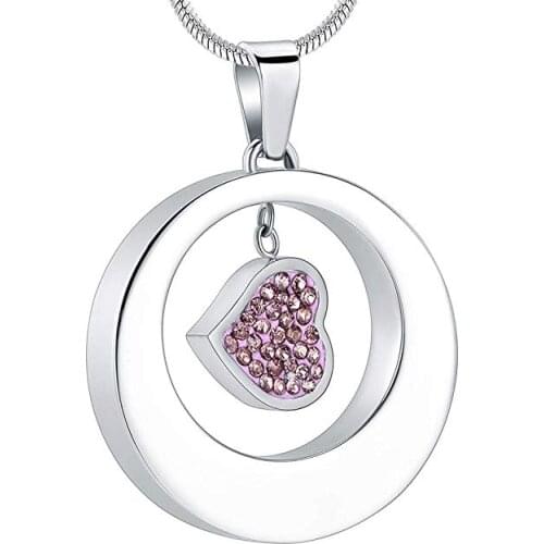 IJD8251 Free Engraving Stainless Steel Circle Hold Multi-Colored Crystal Heart Charm Cremation Urn necklace For Ashes For Women