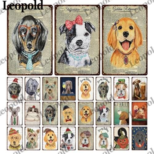 Metal Plaque Sign Dogs Wearing Glasses and Bows Corridor Room Retro Wall Art Deco Metal Painting
