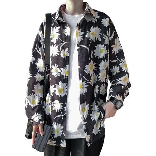 Fashion Men Floral Shirt Marguerite Long Sleeve Turndown Collar Button up Loose Tops Blouse Shirt for men