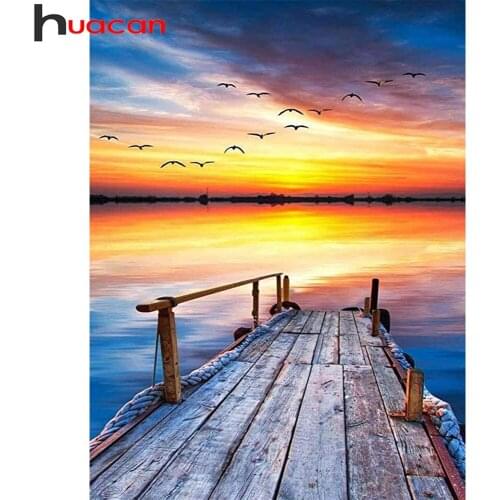 Huacan Diamond Painting Art Kits Sunset Picture Of Rhinestones Diamond Mosaic Bridge Landscape Embroidery Decoration For Home