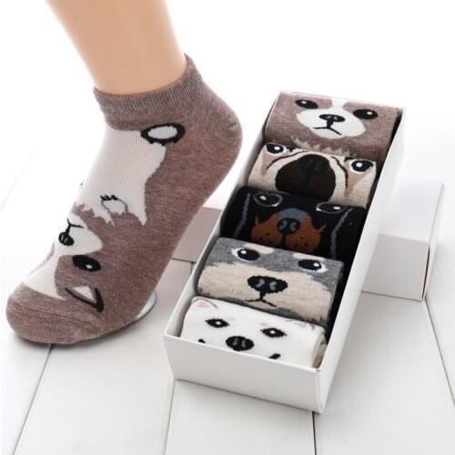 5 Pairs Korean Cartoon Cotton Casual Cotton Funny Animals Happy Puppy Cute Sock for Female Cute Girls Boat Winter Cute Socks