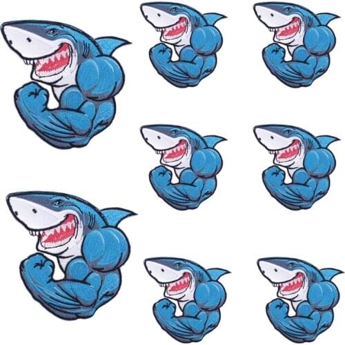 Strong Muscle Shark Patch Iron On Patches On Clothes Punk Animal Embroidered Patches For Clothing Stickers Anime Badges Sewing