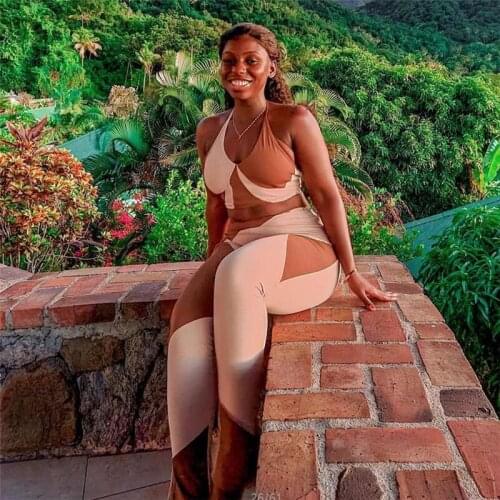 Dropshipping Sleeveless Halter Strap T Shirt High Waisted Tight Trousers Contrast Two Piece Pants Set