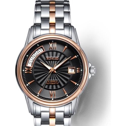 RUNOSD Mens Watch Luxury Week Calendar Mechanical Movement Sapphire Crystal Stainless Steel Strap Butterfly Buckle 8121G