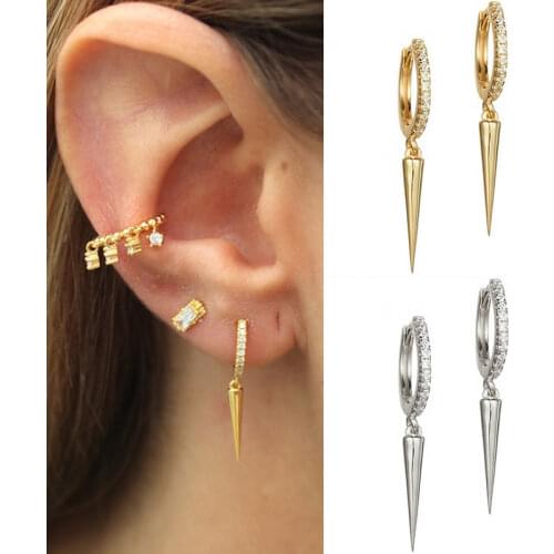 Fashion 18K Gold Filled Cubic Zircoonia Unisex Punk Rock Personality Spike Rivet Taper Dangle Earrings Rock Party Jewelry