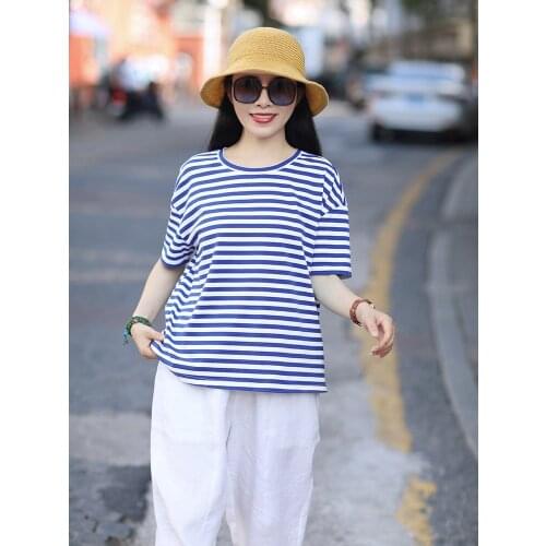 Free time 2021 summer new cotton stripe Blue White Navy T-shirt 0716-6