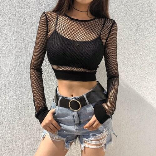 Hot Sale Women Sexy Fishnet Crop Top Long Sleeve See Through Black Mesh T-shirt Harajuku Hollow Out Tops Female Summer Clothes