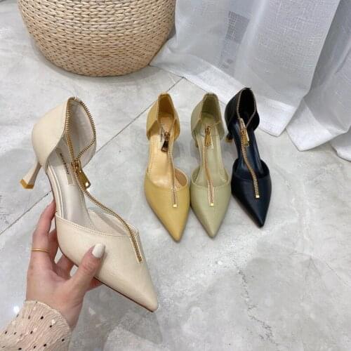 Women pumps PU Slip On ZIP 5.5CM Thin Heels High heels Pointed Toe Shallow shoes for women women shoes 2020 size 35-42