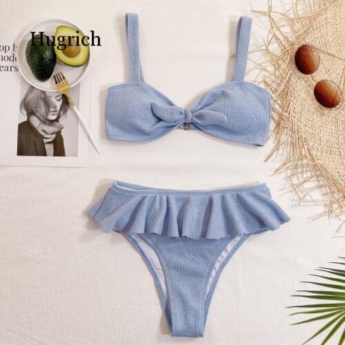 Womens Summer Holiday Beach Wear Bikini Two Pieces Set Blue 2021 Lace Knitting Swimming Set