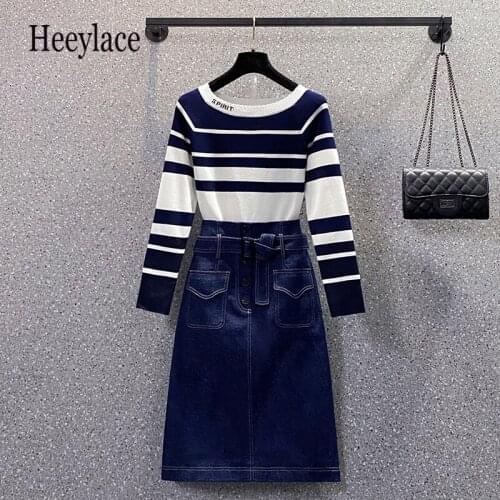 Plus Size Sets For Women Striped Knitted Sweater And Denim Skirts Two Pieces Sets Korean Casual Outfits 4XL Female Suits