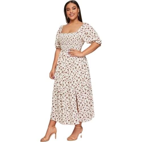 2021 Womens Plus Size Dress Square Collar Puff Sleeves Pleated Hem Floral Printed Maxi Dress Loose Fresh Sweet Style Robe Femme