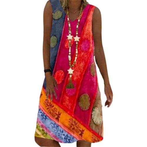 Women Suummer Sling Dress V-neck Sleeveless Loose Waist Ladies Mid-length Dress Sundress Vestidos