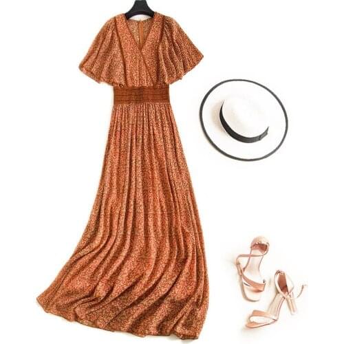 2020 summer women new printed v-neck butterfly sleeve lace patchwork chiffon dresses female casual long dress JC304