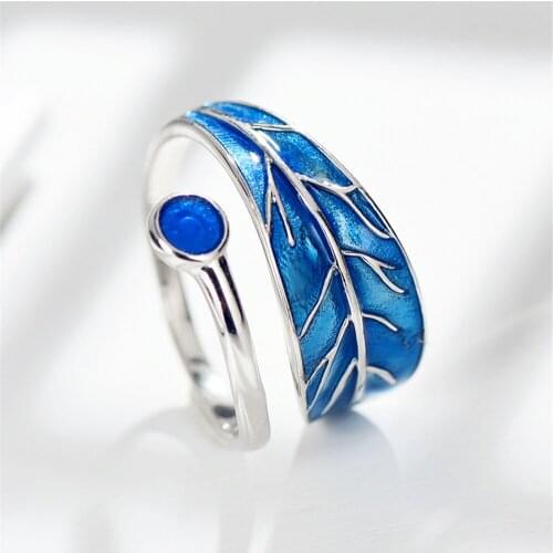 Blue leaf Drop glaze open Rings 100% Sterling 925 silver Jewelry Vintage Adjustable rings for women girl gift