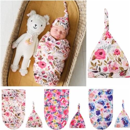 44*27cm Baby Print Wrap Newborn Wrap Swaddle Set Wraps Knotted Hat Set Baby Photo Set Blanket