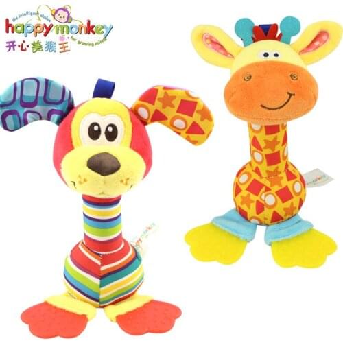 Baby Rattles With Teethers Bell Bar Mobiles Toy Animal Squeaker Toys Infant Hand Puppet Enlightenment Plush Doll Ring Toys Gift