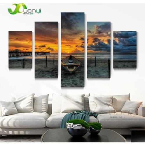 Beach Boat Oil Painting 5 Piece Canvas Printed Decoration Wall Art Beach Boat Painting Modular Picture For Kitchen PR1253