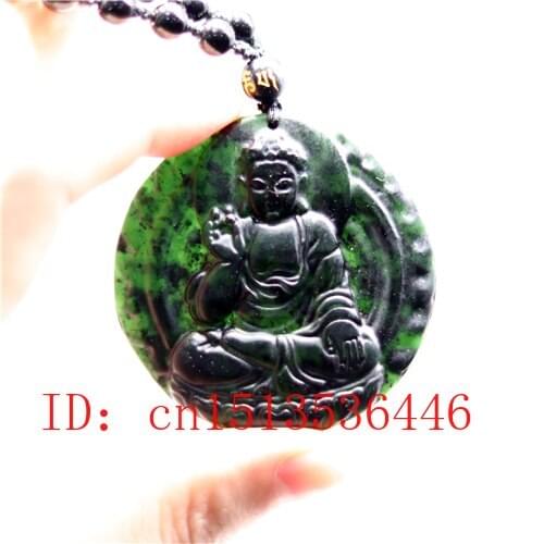 Chinese Black Green Jade Buddhism Pendant Natural Hand Carving Necklace Fashion Amulet Luck Gifts Men Sweater Chain