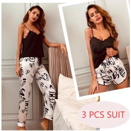 Lisacmvpnel 3 Pcs Suit Print Fashion Women Sleepwear Ice Silk V-Neck Sexy Pajama Set
