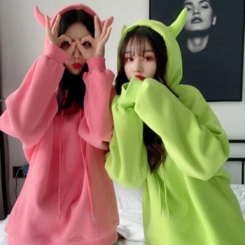 Baggy Sweatshirt With Horns Cartoon Pullover Hoodie Women Streetwear Poleron Mujer 2020 Plain Korean Oversized Boyfriend Hoodie