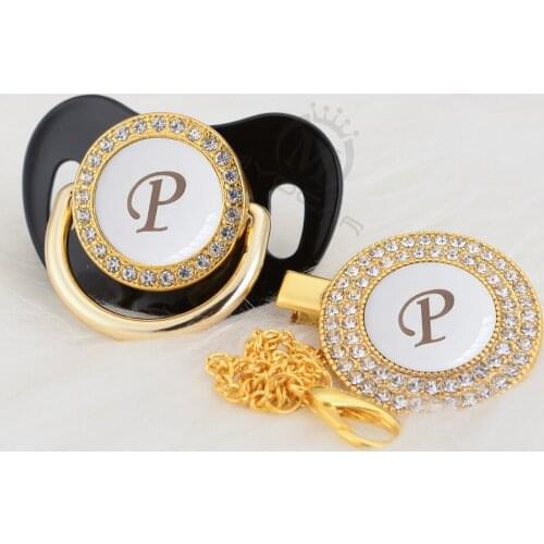MIYOCAR name Initial letter P elegant silver white bling pacifier and pacifier clip BPA free dummy bling unique design LP-W