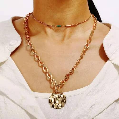 Fashionable Personality Womens Necklace Metal Thick Chain Disc Pendant Green Millet Bead Double Necklace 2021 Trend Party Gift