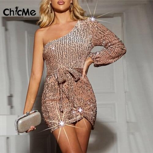 Chicme Autumn Women Sequined One Shoulder Bodycon Dress for Women 2021 Party Long Sleeve Nightclub Sexy Prom Birthday Dress