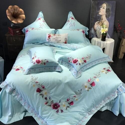 Bule flower Embroidery Royal Bedding set King Queen Egyptian Cotton Bed set Duvet cover bed sheet Pillowcases Home Decorative