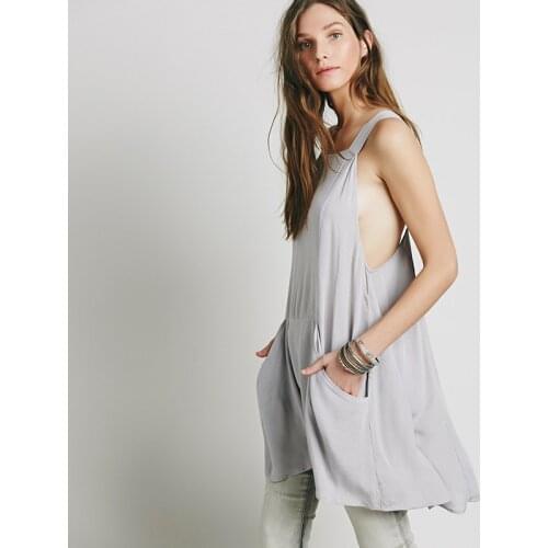 Casual Back Open Back Solid Color Slim Double Pocket Short Sling Sleeveless Dress for Women