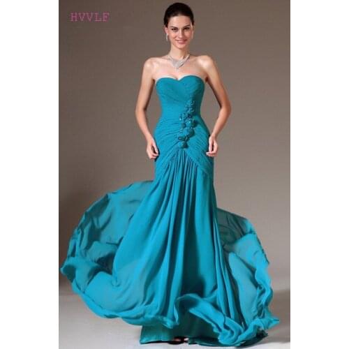 Blue Evening Dresses Mermaid Sweetheart Chiffon Flowers Beaded Plus Size Long Evening Gown Prom Dresses Robe De Soiree